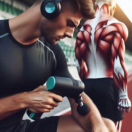 1 oig2 Sportists,kurš izmanto masāžas pistoli pirms sacensībām vai treniņa,uzsverot muskuļu sagatavošanas aspektu. 4. attēls no 4