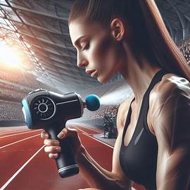 oig2 Sportists,kurš izmanto masāžas pistoli pirms sacensībām vai treniņa,uzsverot muskuļu sagatavošanas aspektu.